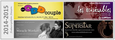 Oshawa Little Theatre logo and promotional banners for upcoming shows.