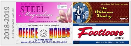 Oshawa Little Theatre stage with colorful show poster and production details.